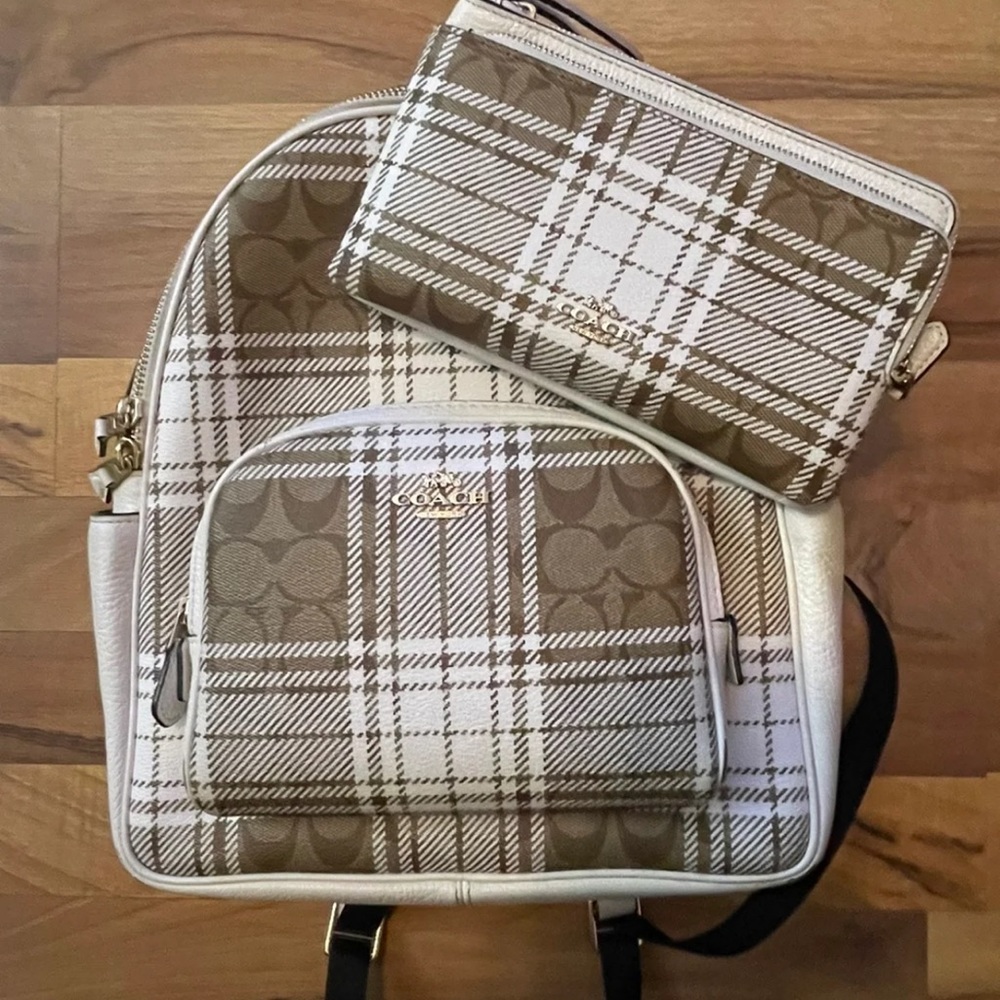 Coach Hunter’s plaid court backpack and matching wristlet